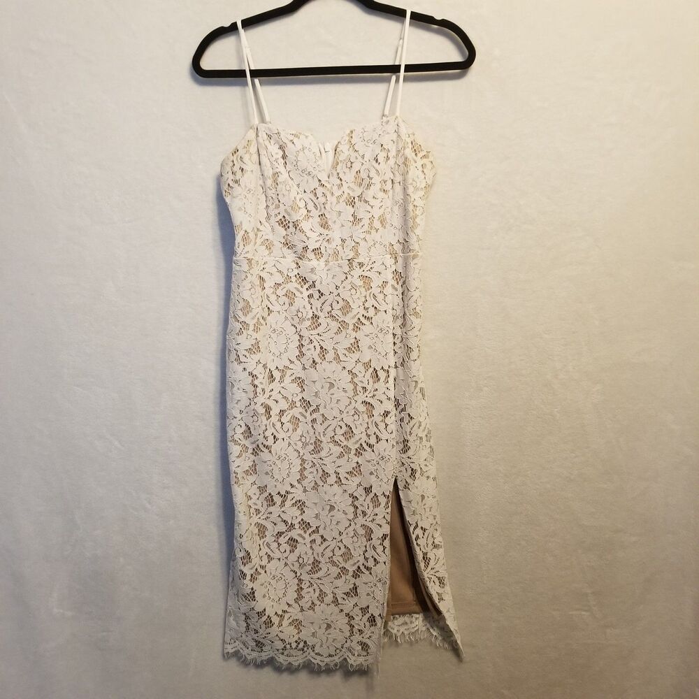 Lulus M Dress Knee Length White Lace Beige Lined Feminine Coquette Bridal Shower